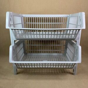 The Container Store Stackable Storage Baskets Gray Plastic 2‎ Tier Organizer GUC